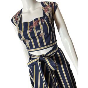 BCBGMaxazria 2 Piece Skirt & Crop Top Set Navy Yellow Striped Pink Sequins Sz. M